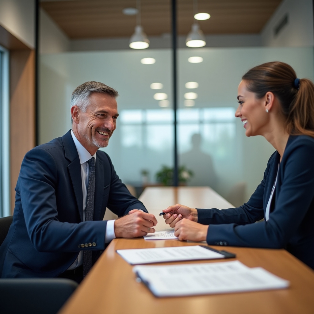 Client and relocation coordinator seated at a bank branch desk during account opening