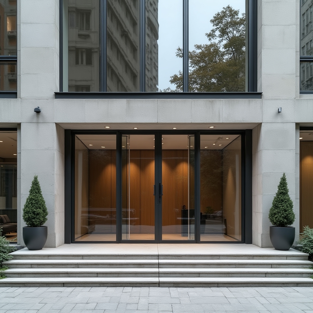 Modern office building entrance in Bucharest where the Tohage Zayova office is located