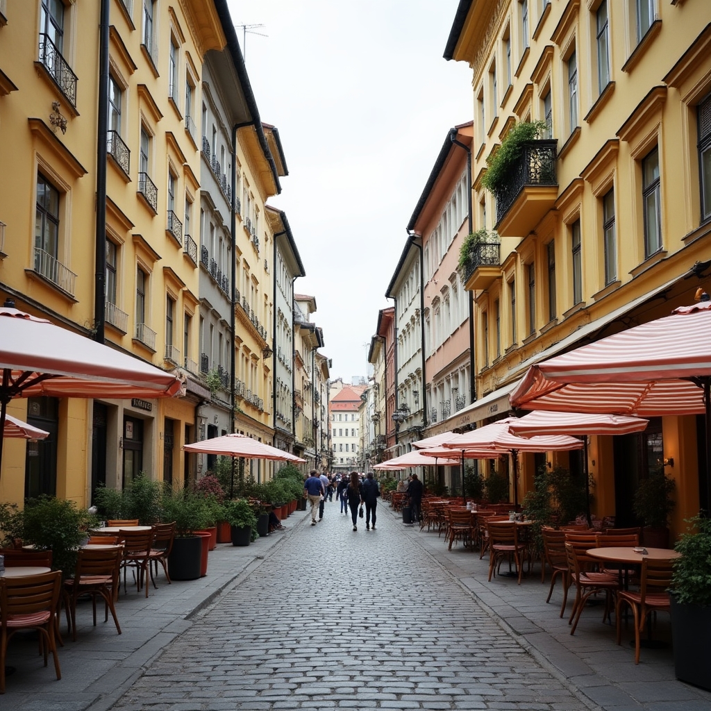 Cobblestone street with historic buildings and outdoor cafes in Bucharest Old Town
