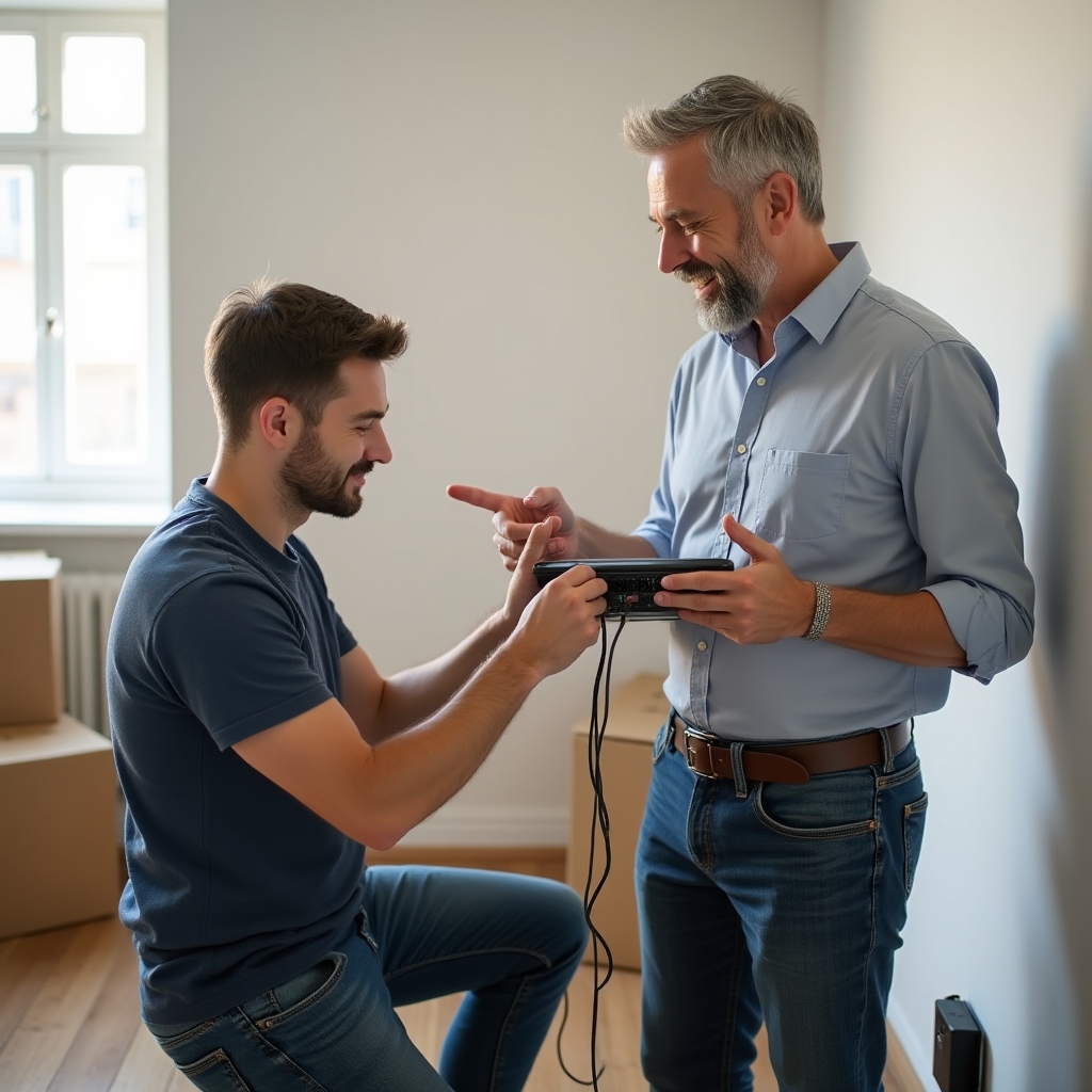 Technician and relocation coordinator setting up internet router in a new apartment in Bucharest